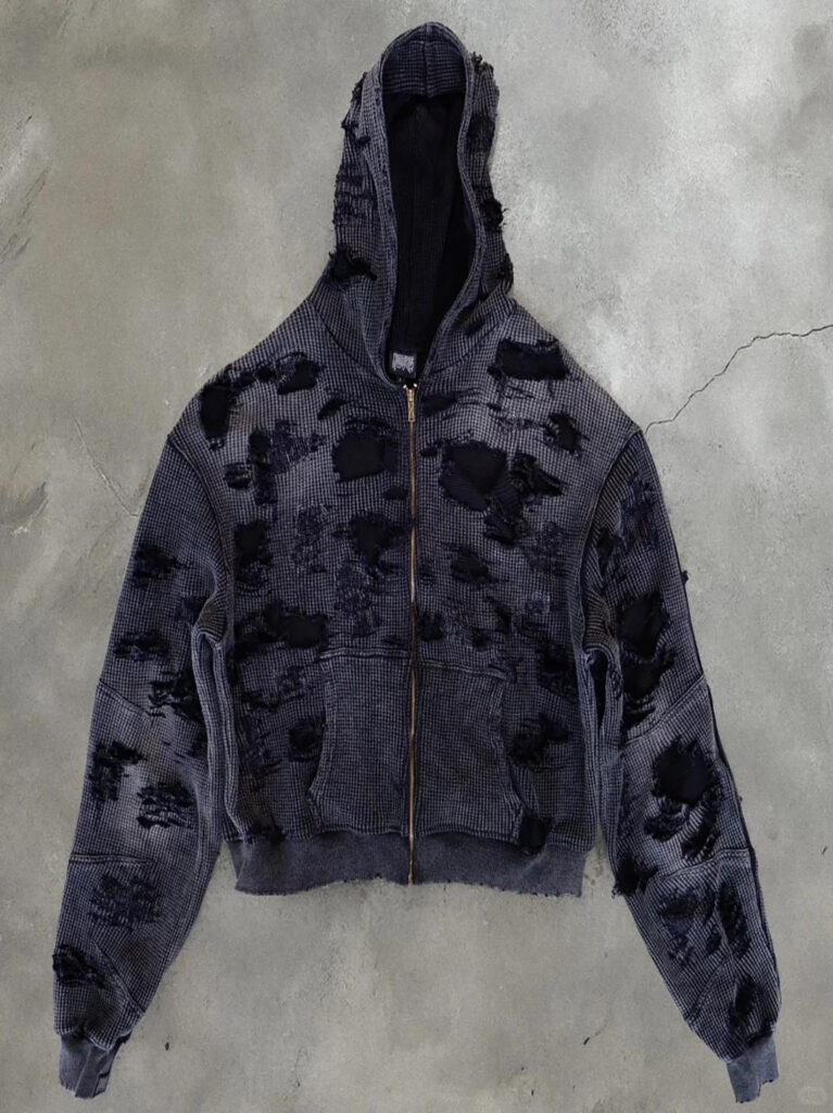 zip up hoodie distressed waffle